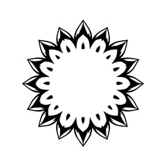 Monochromatic black and white mandala design featuring an intricate, stylized floral pattern.