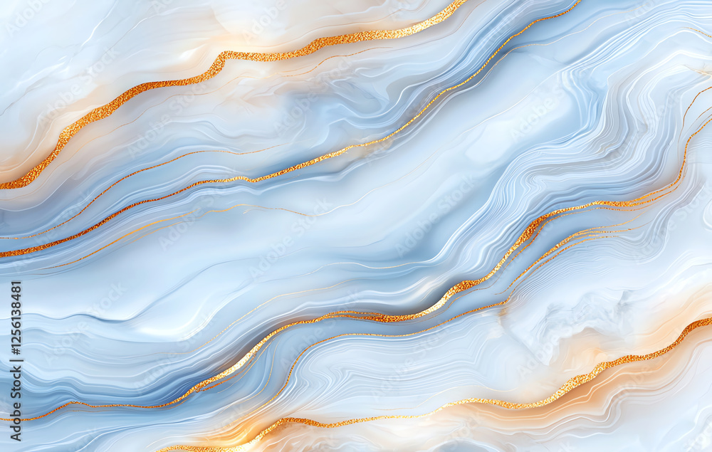 Poster abstract blue and gold marble texture background with flowing patterns and elegant lines, creating s