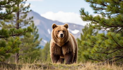 Grizzly bear standing among tall pine trees in forest, nature's majesty