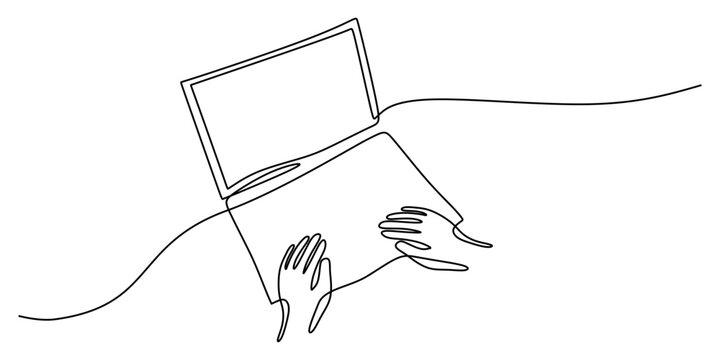 Single line drawing of a person holding a laptop. Represents online work, innovation, or modern connectivity.