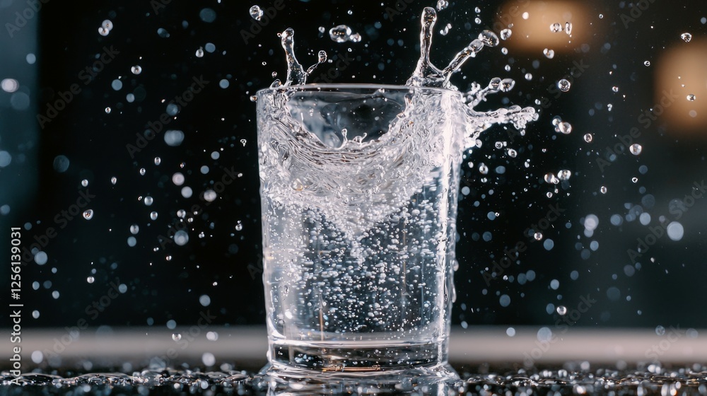 Poster water splash in glass creating dynamic and refreshing scene