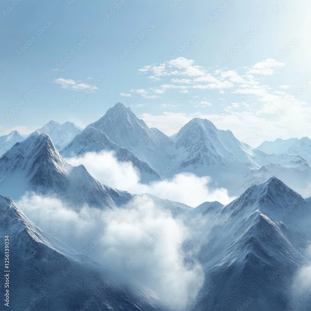 Poster Majestic mountain range with soft clouds in blue sky offering a serene retreat for nature lovers and adventurers. Generative AI