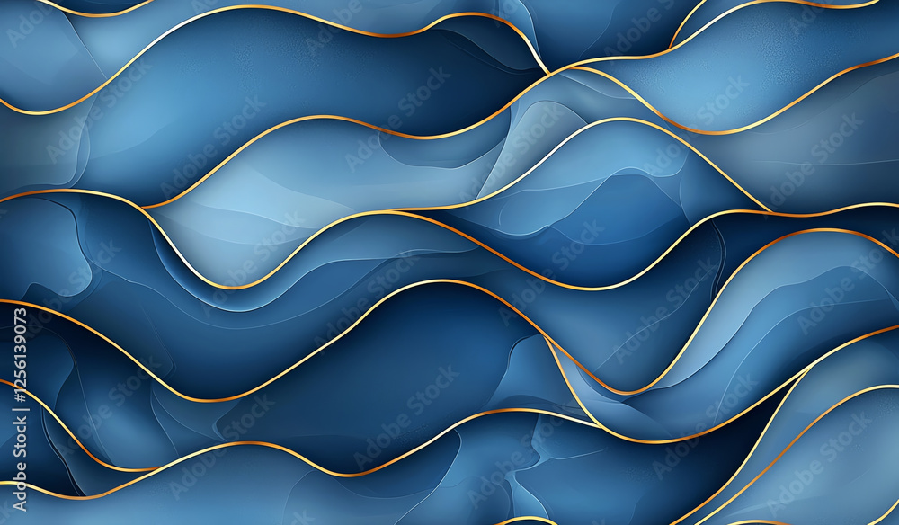 Poster abstract blue marble background with flowing waves and golden veins, creating serene and elegant vis