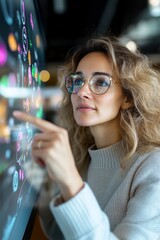 Focused Person Examining Data On Interactive Display System
