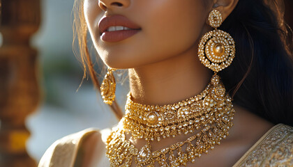 An Indian woman wearing gold jewelry for her wedding, traditional Pakistani/Bangladeshi wedding bride jewelry