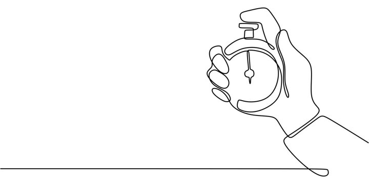 Continuous line drawing of a hand holding a stopwatch. Represents timing, sports events, and performance tracking.