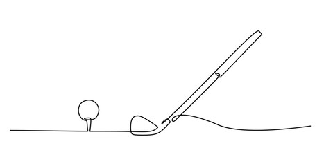Golf club and ball in continuous line drawing. Minimalist depiction of golfing equipment for sport and recreation.