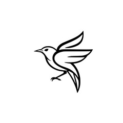 Simple, clean, and elegant: A black and white line art drawing of a bird in flight, minimalist logo style.