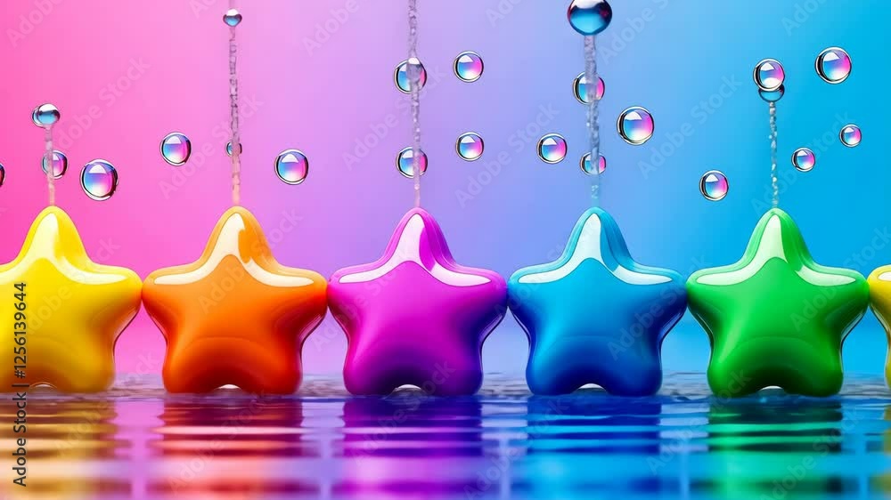 Poster row of colorful stars are floating in a sea of bubbles. the bubbles are of various sizes and colors,