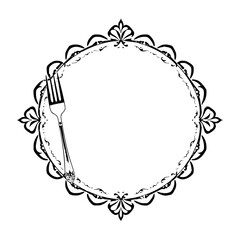 Black-and-white image featuring a fork leaning on the edge of an ornate frame, set against a white background.