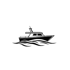 Minimalist concept, Black, flat, minimalist, of
 boat silhouette with waves floating on waves, and it shows a side view of it.