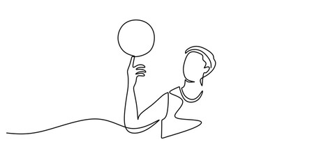 Hand spinning a basketball on an index finger in continuous line drawing. Symbol of skill, control, and freestyle tricks.
