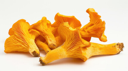 Fresh chanterelle mushrooms on a white background, showcasing their vibrant yellow color and unique, delicate texture. Perfect for culinary, natural, or organic food themes