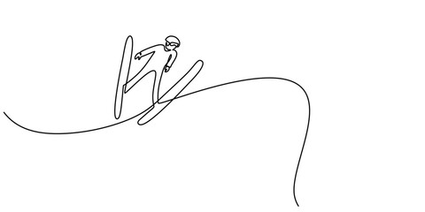 Ski jumping athlete soaring in continuous line drawing. Minimalist depiction of winter sports, extreme action, and Olympic competition.