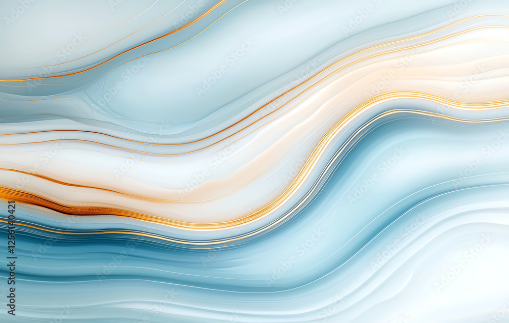 Poster abstract marble background with golden swirls and soft blue tones, creating serene and elegant atmos