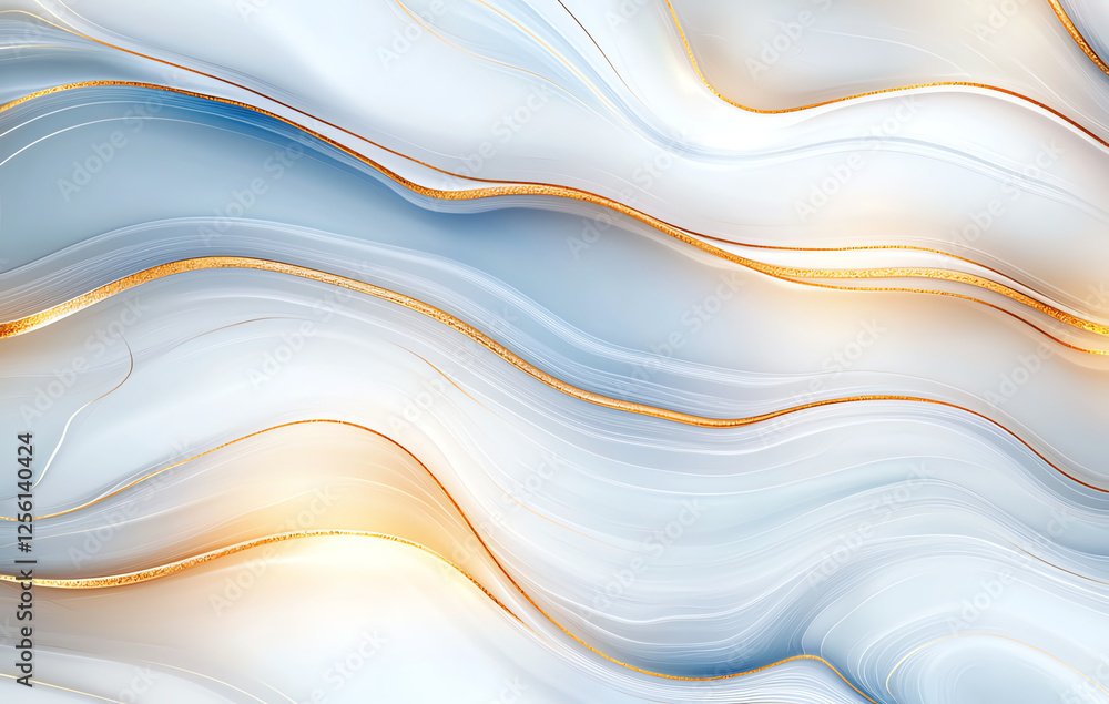Poster abstract marble background with golden swirls and soft blue tones, creating serene and elegant atmos