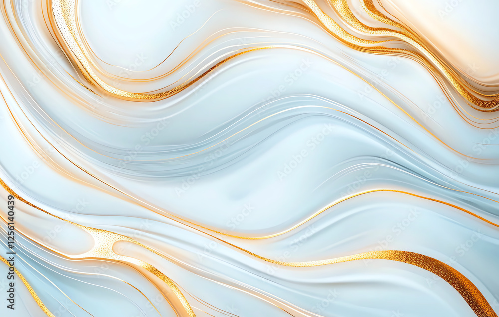 Poster abstract marble background with golden swirls and soft blue tones, creating serene and elegant atmos