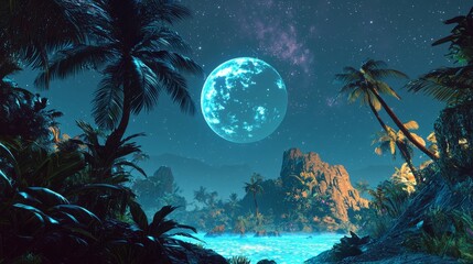 Enchanted Night Landscape with Moon, Water, and Tropical Palms