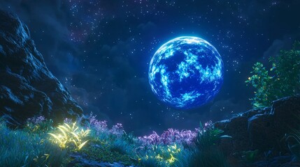 Fototapeta premium Ethereal Night Sky with Glowing Moon and Luminous Flora