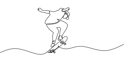 Skater performing a trick on a skateboard in continuous line drawing. Symbol of creativity, balance, and urban freestyle sports.
