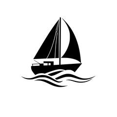 Silhouette of a sailboat sailing on the water with black and white color palette, abstract style.