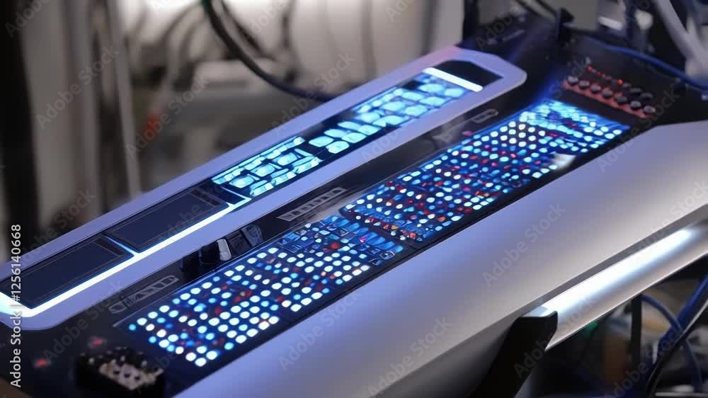 Poster complex data processing is visualized on a futuristic control panel with changing lights and indicat