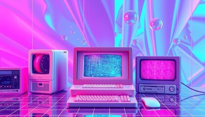 Retro 80s styled computer setup with vintage tech, neon lights, and palm trees.  Synthwave, vaporwave aesthetic. Ideal for design, nostalgia, and retro themes.