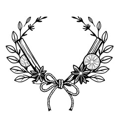 Black and white wreath illustration featuring cinnamon sticks, citrus slices, and a bow.