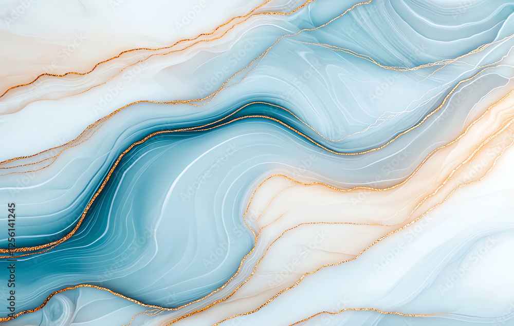 Poster abstract marble texture background with blue and white waves, featuring golden accents that create l