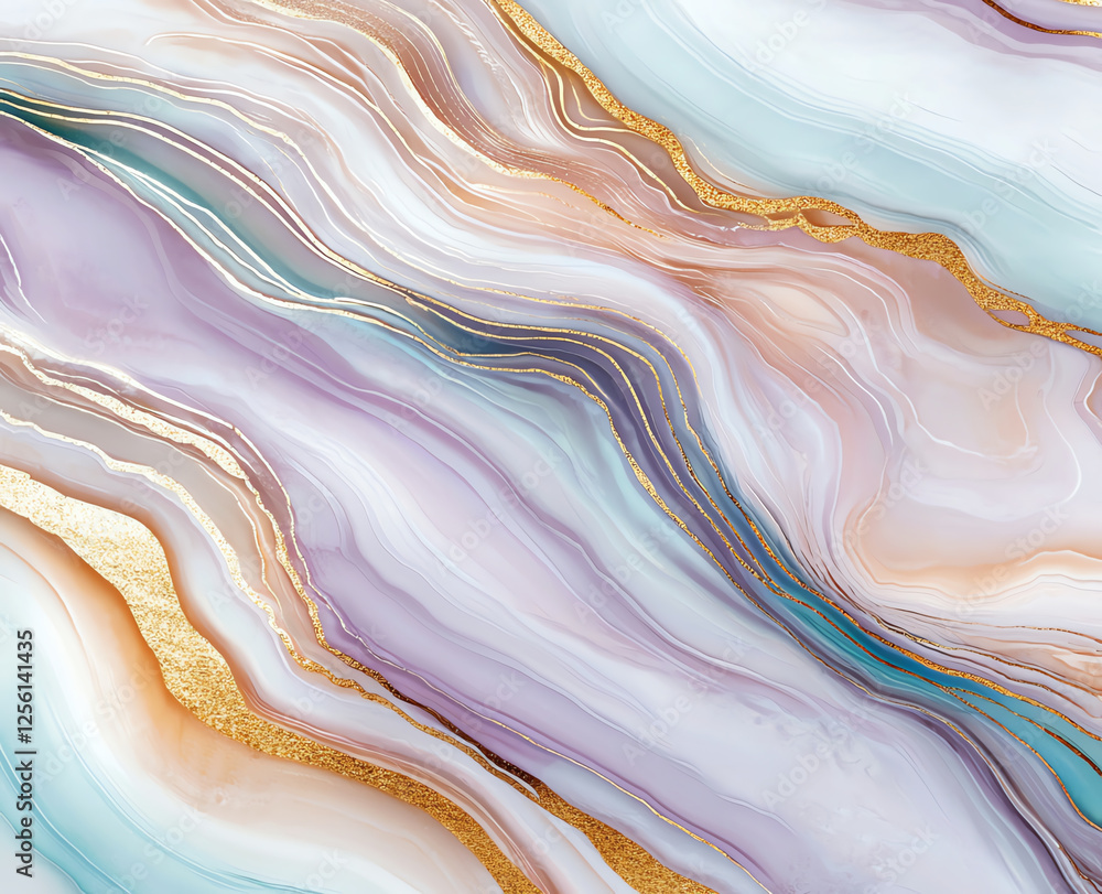Poster abstract marble texture background with flowing pastel colors and golden lines, creating serene and 