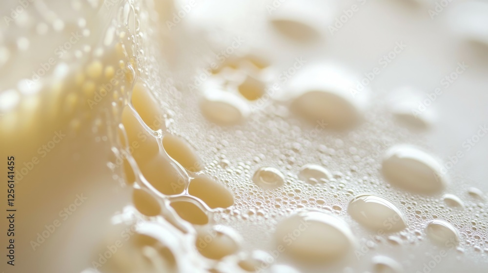 Poster close-up of creamy liquid with soft bubbles and smooth surface