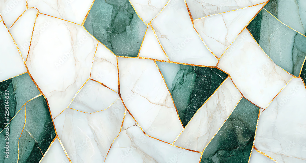 Poster abstract marble texture with kintsugi elements, featuring green and white tones, creating unique and