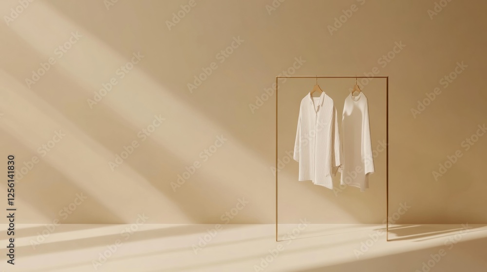 Poster Minimalist clothing rack showcasing neatly arranged garments in a well lit space with soft shadows during daytime. Generative AI