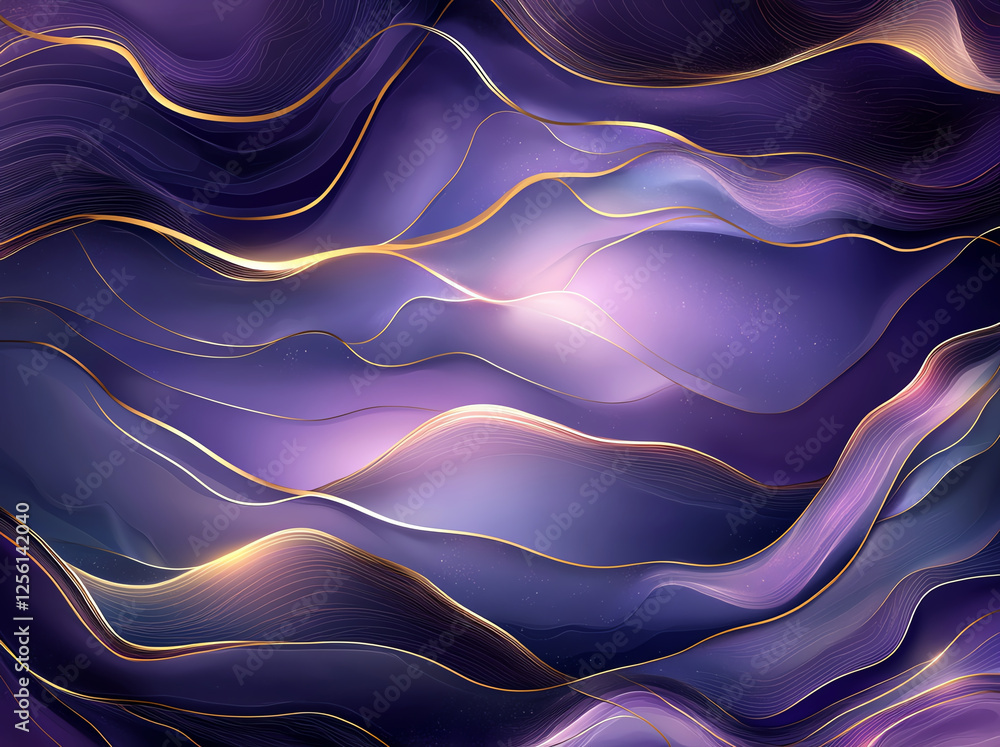 Poster abstract purple and blue marble background with flowing lines and golden accents, creating serene an
