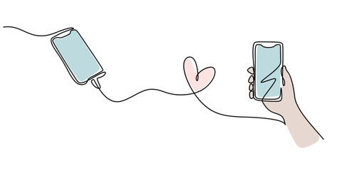 Obraz premium Continuous one line drawing of two mobile phones linked by a cable shaping a heart. Representation of love, connection, and digital communication.