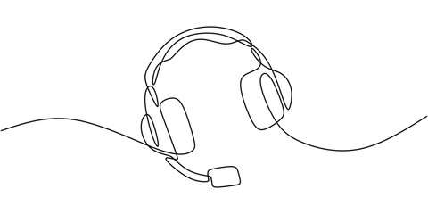 Headset with a microphone in continuous line drawing. Representation of audio communication, customer support, and online meetings.