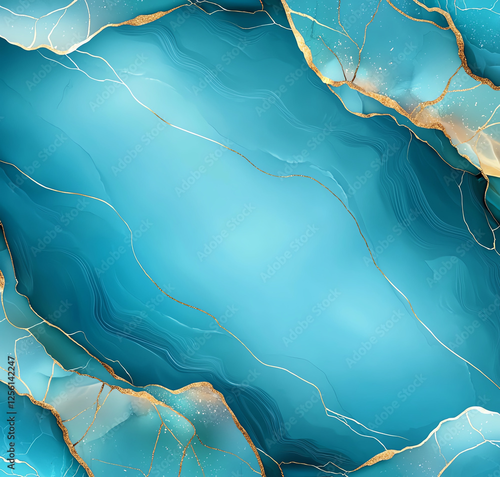Poster Abstract teal and gold marble background with flowing patterns and textures, creating serene and elegant atmosphere. Perfect for design projects and digital art
