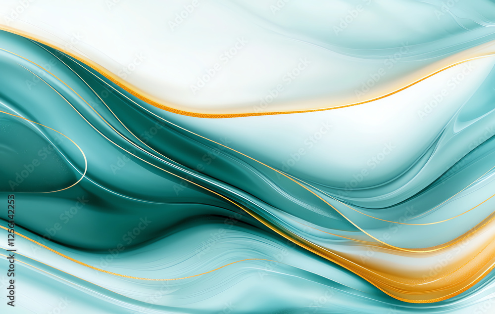 Poster abstract teal and gold marble background with flowing waves and smooth textures, creating serene and
