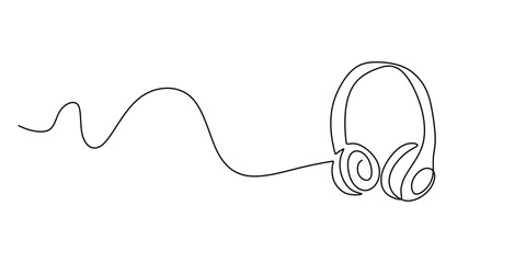 Obraz premium Headset with a microphone in continuous line drawing. Representation of audio communication, customer support, and online meetings.