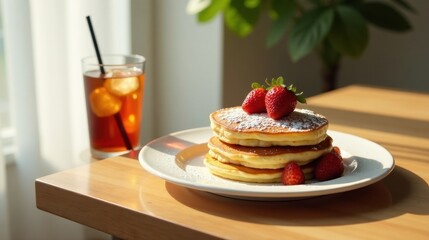 Sunlit Stack of Buttery Pancakes Topped with Fresh Strawberries and Powdered Sugar Served with a Refreshing Iced Tea Beverage on a Wooden Table