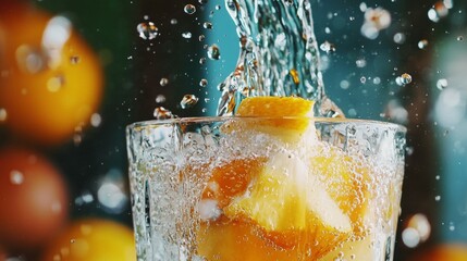 Fresh Citrus Drink with Sparkling Water and Fruit Splashing