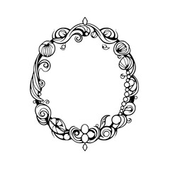 Elegant Oval Frame: Floral Black and White Wreath with Delicate Swirls, Perfect for Embellishments.