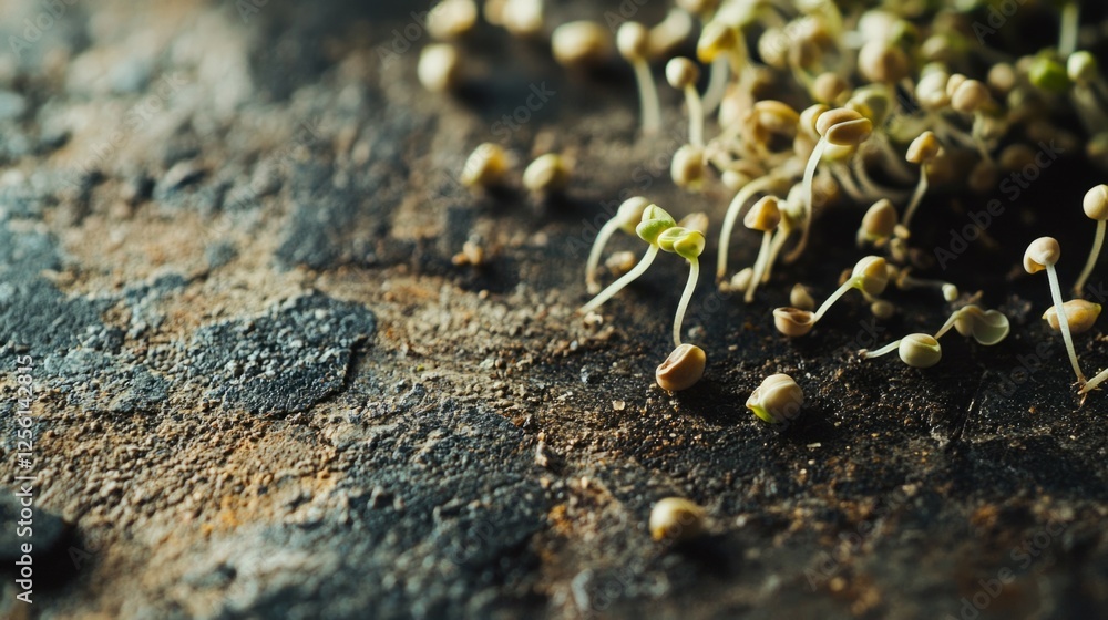 Poster fresh seedlings sprouting on dark rustic surface with texture