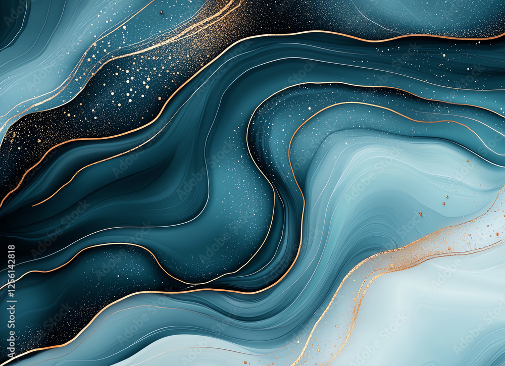Aufkleber abstract teal and white background with gold accents, featuring flowing waves and smooth textures th