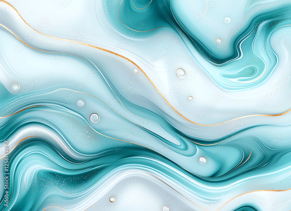 Poster abstract teal and white background with gold marbling, featuring smooth flowing lines and bubbles, c