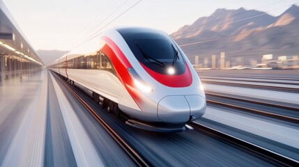 Obraz premium High Speed Train Arriving At Modern Train Station In Urban Cityscape