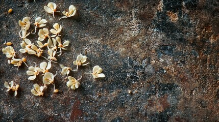 Delicate White Flowers on Rustic Textured Background with Seeds