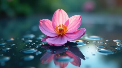 A Delicate Pink Blossom Rests on a Dark Reflective Surface Adorned with Water Droplets, Creating a Serene and Tranquil Atmosphere