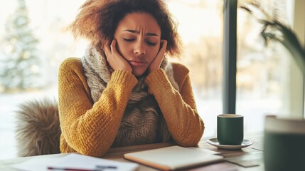 Young African American woman feeling cold while working at home