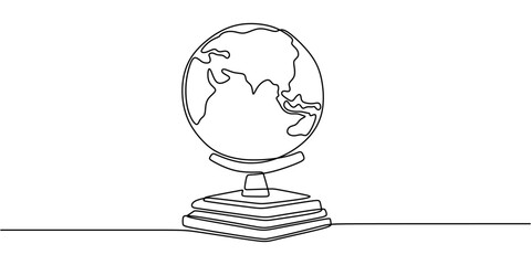 Continuous One line drawing of Globe with Vintage Map. Depicting the world with spherical lines and simple continent shapes.